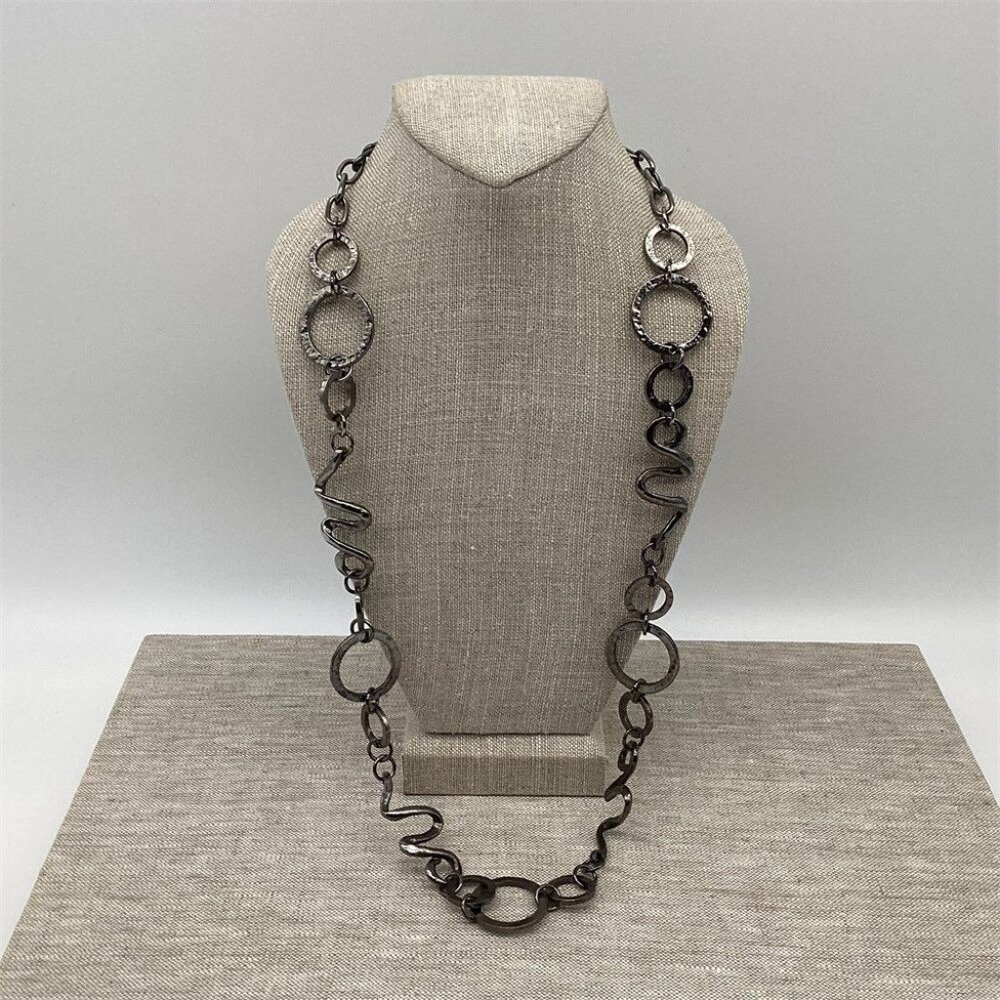 Vintage Necklace Geometric‎ Long Silver Metal Circle